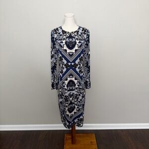 Maggy London Dress Midi Floral Sheath Long Sleeve Lined Cocktail Travel Blue